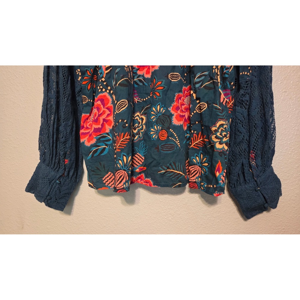 Farm Rio Anthropologie Floral Blouse Lrg Teal Lace Sleeve Boho Romantic Peasant - Picture 14 of 16